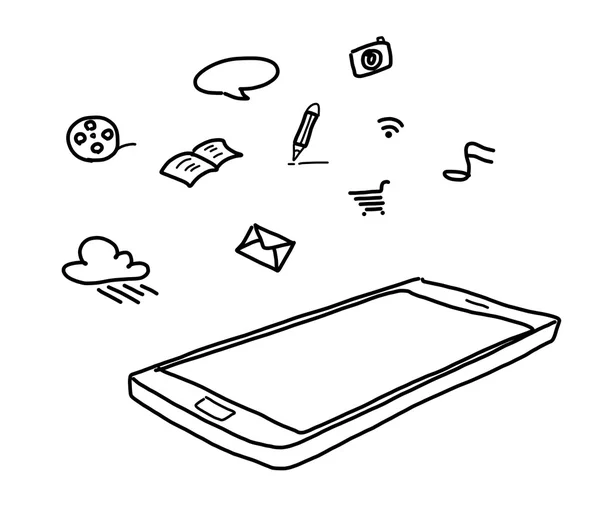 Hand drawing smart phone with social media concept — Stock Photo, Image