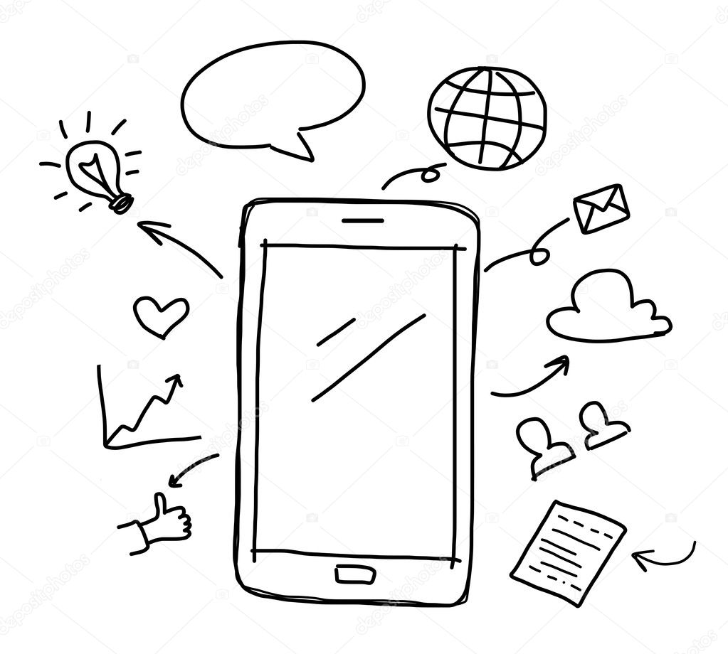 hand drawing smart phone with social media concept