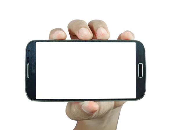 Mão segurando telefone inteligente no fundo branco — Fotografia de Stock
