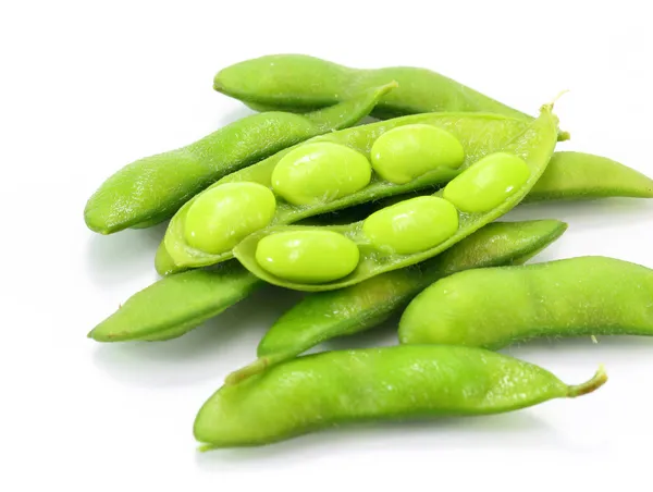 Edamame rosicchiato, fagiolini di soia bolliti, cibo giapponese — Foto Stock