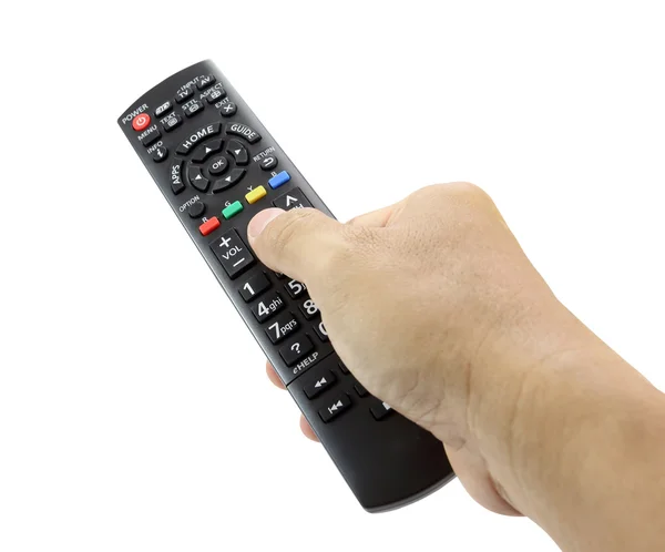 Hand with remote control smart TV on white — Stock Photo, Image
