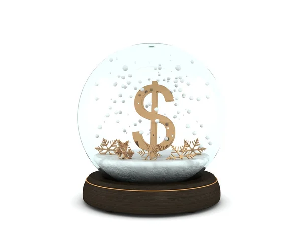 Снігова куля з золотим доларом і сніжинками ізольовані на білому тлі Ліцензійні Стокові Зображення