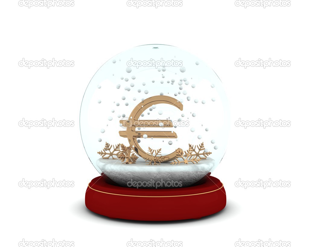 Snow globe with golden euro and snowflakes isolated on white background