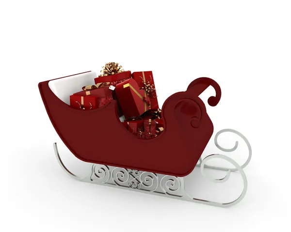 Trineo de Papá Noel con muchos regalos rojos con cintas de oro aisladas sobre fondo blanco —  Fotos de Stock