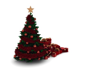 Noel ağacı altındaki beyaz zemin üzerine izole sürü hediye ile süslenmiş.