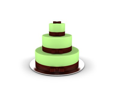 üç katlı çikolata kurdeleler ve fiyonklar üzerine beyaz zemin üzerine izole ile yeşil pasta