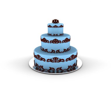 Blue cake on three floors with chocolate ornaments on it isolated on white background clipart
