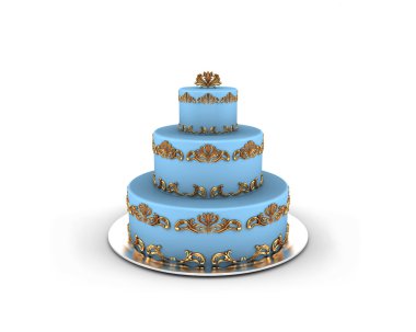 Blue cake on three floors with gold ornaments on it isolated on white background clipart