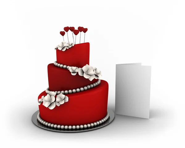 白い花と白い背景で隔離赤いハートを 3 フロアに赤のケーキ — ストック写真