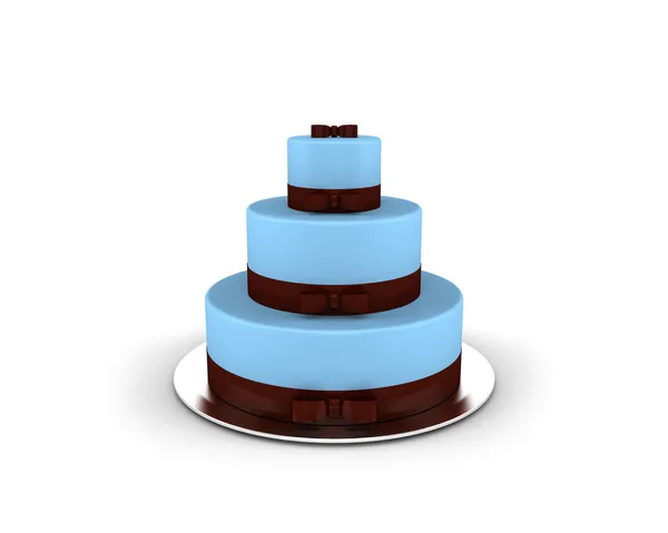 Niebieski tort na trzech piętrach z czekolady wstążki i łuki na nim na białym tle — Zdjęcie stockowe