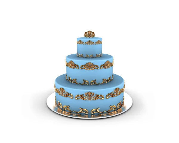 Gâteau bleu sur trois étages avec des ornements d'or sur elle isolé sur fond blanc — Photo