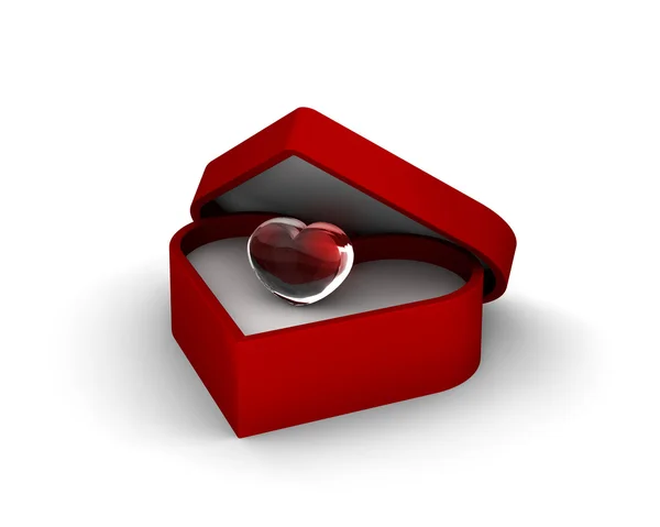 Elegant glas hjärtan i en röd hjärtformad ruta isolerad på vit bakgrund — Stockfoto