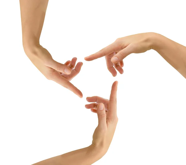 3 hands in circle as recycling symbol — Stock Photo, Image