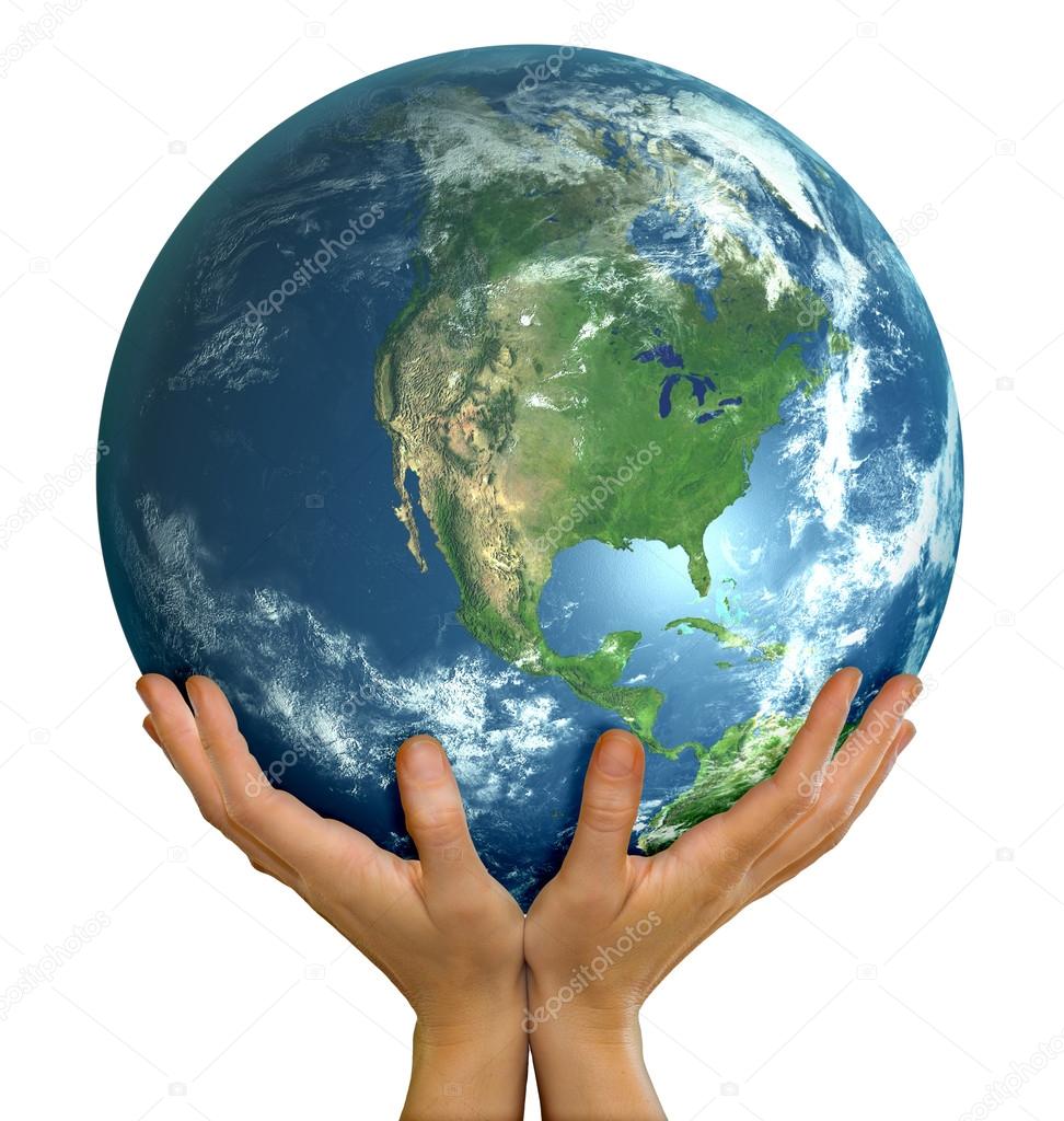 Hands holding big realistic globe ball