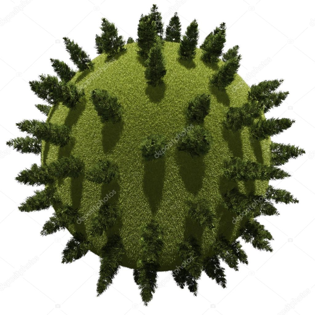 Miniature planet with pine vegetation