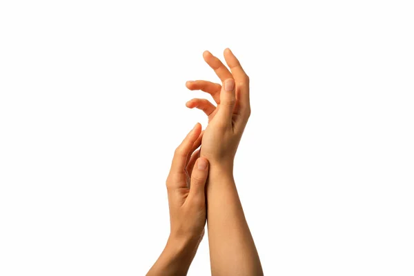 Close Woman Hands Moisturised Protective Cream Age Treatment Isolated White — Fotografia de Stock