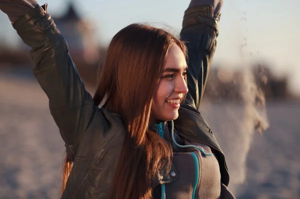 Portrait of Young beautiful girl with hands up in the air. — Stock Photo, Image