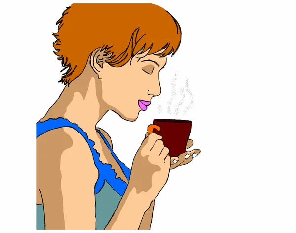 Mujer con taza de té sobre fondo blanco — Vector de stock