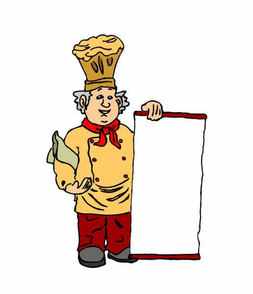 Chef com menu sobre fundo branco — Vetor de Stock