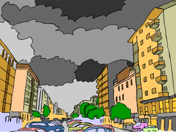 Πόλη και μαύρα σύννεφα — 图库矢量图片