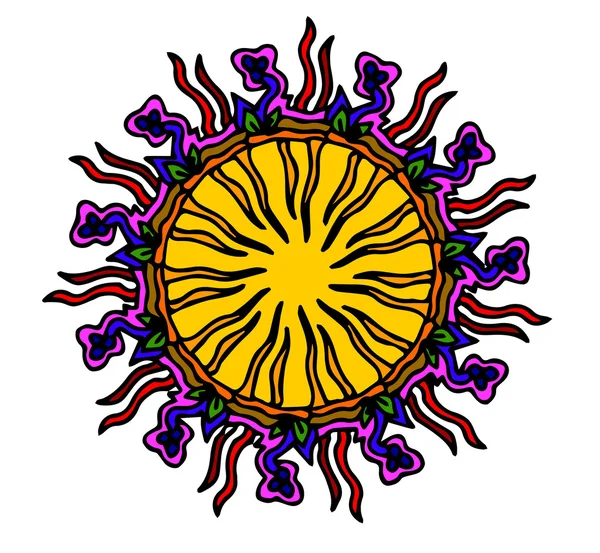 Zon met bloemen op witte achtergrond — Stockvector