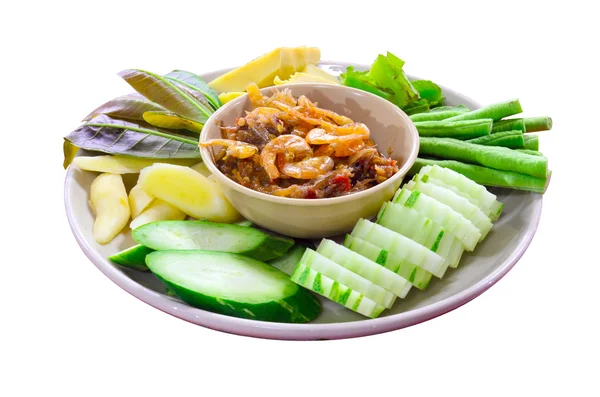 Nam prik kung siab, thailändsk chili och räkor doppning sås och fres — Stockfoto