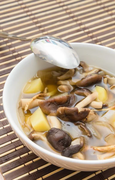 Shiitake hub polévka s cibulí a brambory — Stock fotografie