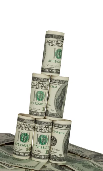 Leaning tower of hundred dollar bills — Stock Photo, Image