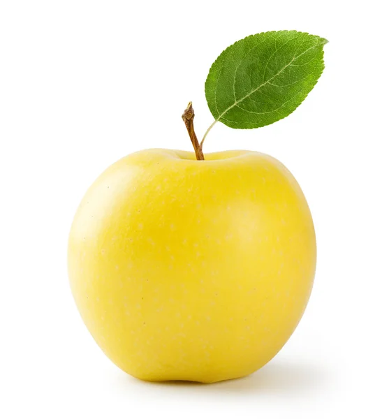 Rijpe gele appel met blad — Stockfoto