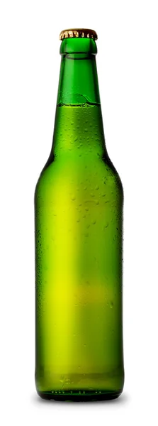 Groene fles bier en druppels — Stockfoto