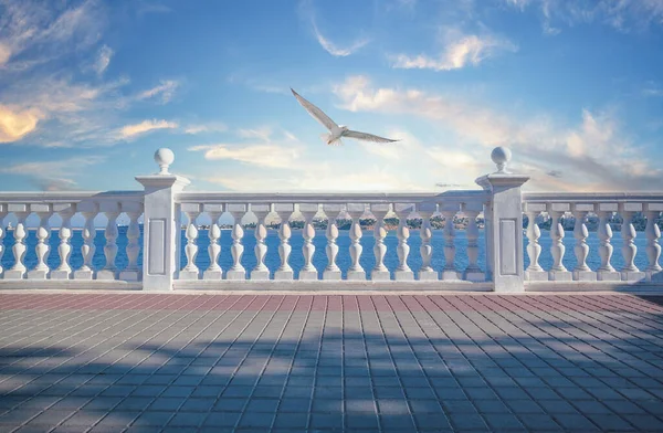 Biały ozdobny płot z kolumnami na wybrzeżu i mewą na niebie — Zdjęcie stockowe