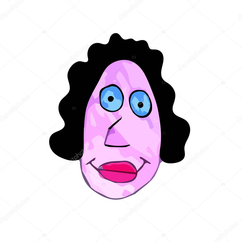 Simple face of funny woman with short curly black hair in colored doodle style isolated on white. Vector character of people doodle Naive Art collection.