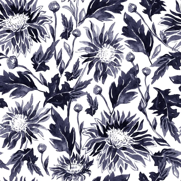 Black freehand ink seamless pattern with two-toned Chrysanthemum.