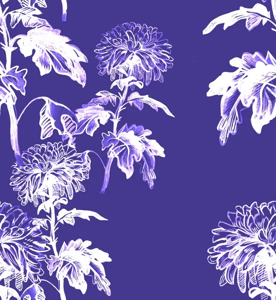 Tvåfärgad ljus blommig sömlös mönster med krysantemum. — Stockfoto