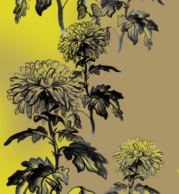 Kasımpatı çiçeklerinin mürekkeple çizilmiş dikey ve pürüzsüz sınırı.