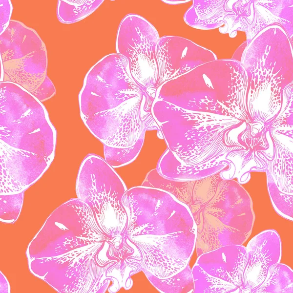 Modèle sans couture de couleurs à la mode avec des fleurs d'orchidées dessinées à la main. — Photo
