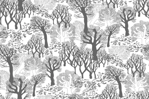 Winter monochrome seamless pattern with park of bare trees. — Stock Vector