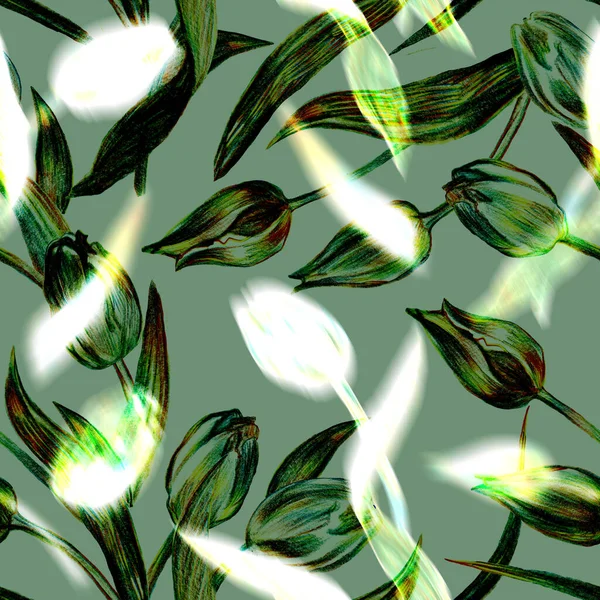 Trendiga färger sömlöst mönster med silhuetter av tulpaner på grönt. — Stockfoto