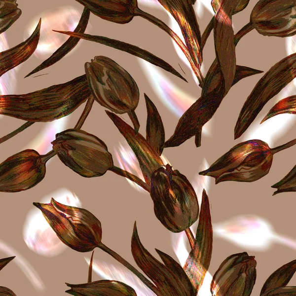 갈색 베이지에 튤립 실루엣 이 있는우아 한 물갈퀴없는 무늬. — 스톡 사진