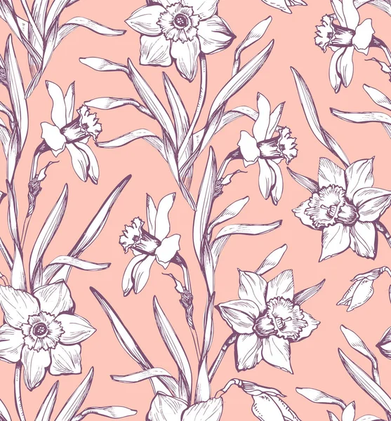 Sensuel motif sans couture printemps avec jonquille élégante sur rose. — Image vectorielle