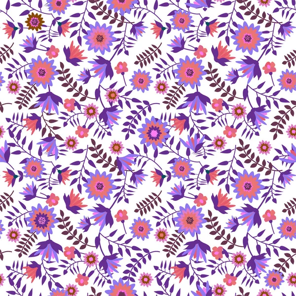 Kleine bloemen en bladeren in platte stijl in trendy violette tinten. — Stockvector