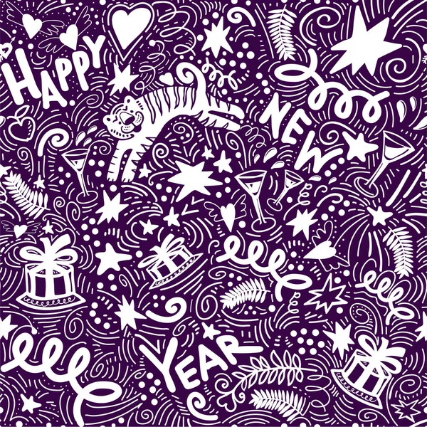 Modèle sans couture de couleur mono doodle de Noël avec tigre du Nouvel An. — Image vectorielle