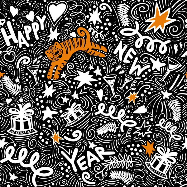 Modèle sans couture doodle Noël avec des symboles du Nouvel An et le tigre. — Image vectorielle