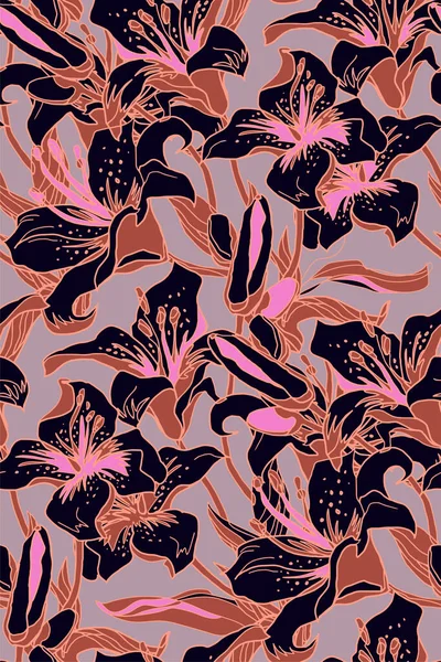Lily flores patrón moderno sin costuras en colores boho de moda. — Archivo Imágenes Vectoriales