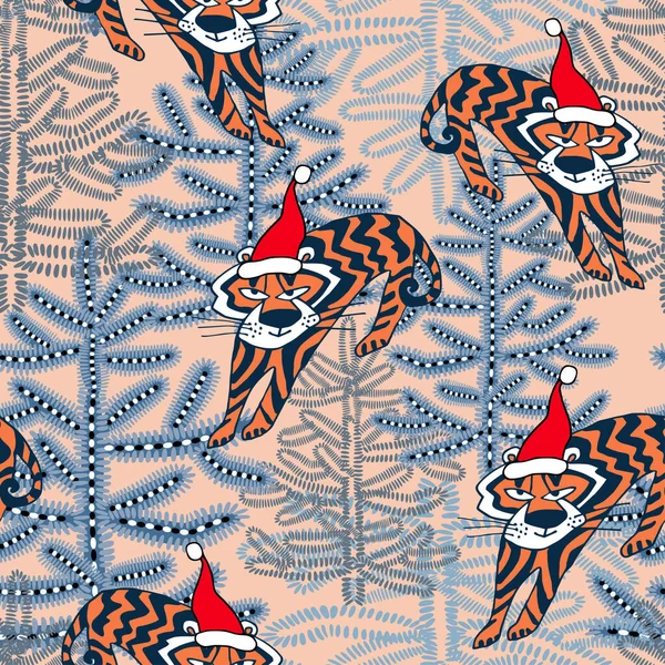 Seamless pattern with Christmas symbol 2022 tiger in winter fir forest. — 图库矢量图片