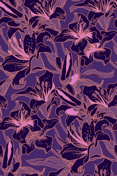 Vector modern seamless pattern with silhouettes of Lily flowers. — 스톡 벡터