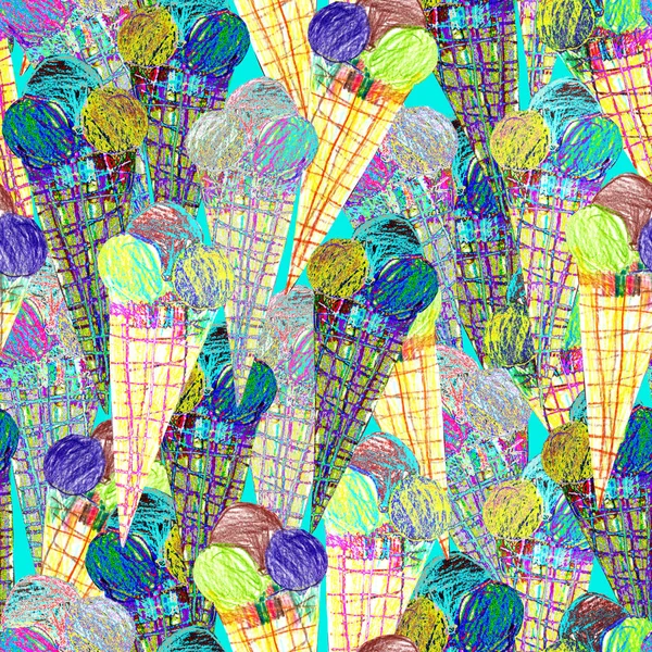 Pencil textured holiday seamless pattern with Ice cream drawn by hand.