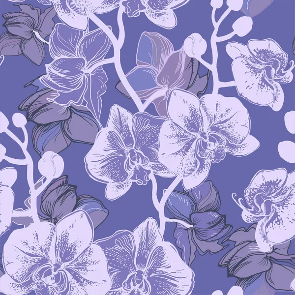 Milda Orkidé blommor ritad för hand på trendiga mycket Peri bakgrund. — Stock vektor