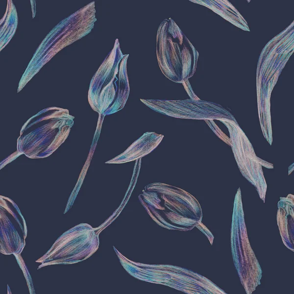 Σκούρο μοτίβο χωρίς ραφή με λουλούδια τουλίπες απομονώνονται σε μπλε. — Φωτογραφία Αρχείου