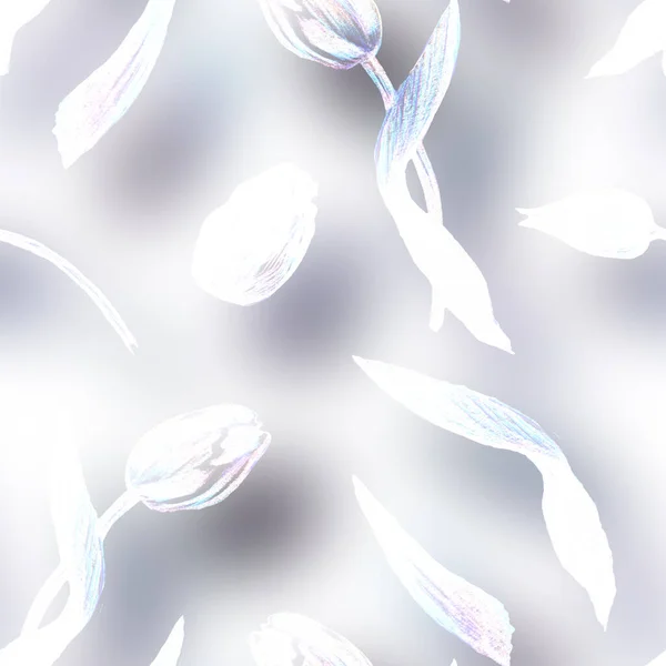 Spotted αδιάλειπτη μοτίβο με μεμονωμένες τουλίπες θαμπάδα σε λευκό. — Φωτογραφία Αρχείου